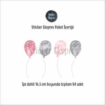 Pembe Gri İpli Balonlar Çocuk Odası Duvar Sticker Seti