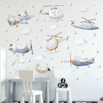 Uçaklar Ve Helikopterler Çocuk Odası Duvar Sticker Seti