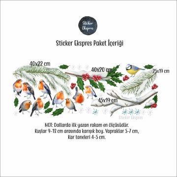 Karlı Dallar Ve Kuşlar Yılbaşı Yeni Yıl Cam Duvar Kapı Sticker Seti