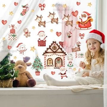 Şirin Ev Noel Baba Kardan Adam Ve Kış Figürleri Yılbaşı Yeni Yıl Cam Duvar Kapı Sticker Seti