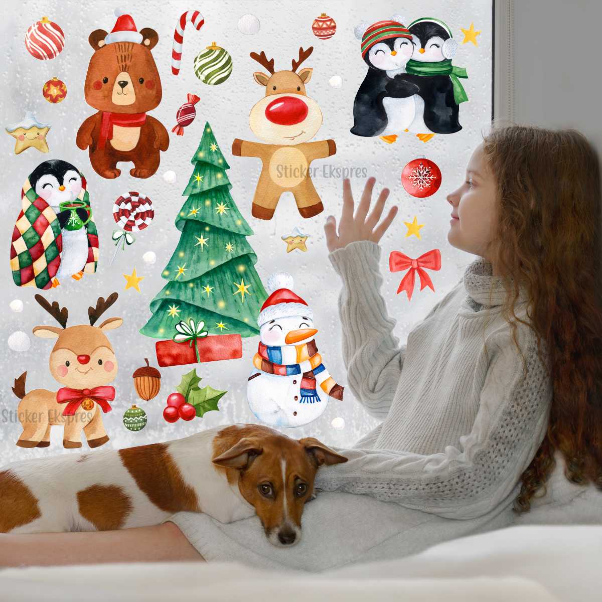 Sevimli Hayvanlar Yeni Yıl Temalı Yılbaşı Cam Duvar Kapı Sticker Seti