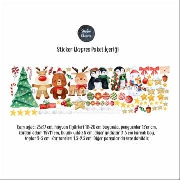 Sevimli Hayvanlar Yeni Yıl Temalı Yılbaşı Cam Duvar Kapı Sticker Seti