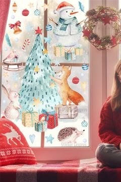 Yılbaşı Ağacı Süsleyen Sevimli Hayvanlar Yeni Yıl Cam Duvar Kapı Sticker Seti