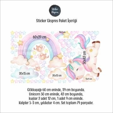 Unicorn Ve Gökkuşağı Çocuk Odası Duvar Sticker Seti
