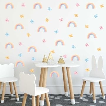 Renkli Suluboya Gökkuşakları Ve Kelebekler Çocuk Odası Duvar Sticker Seti