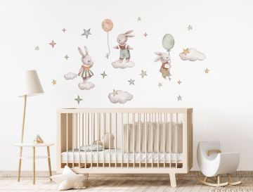 Sevimli Tavşanlar Gökyüzünde Çocuk Odası Duvar Sticker Seti