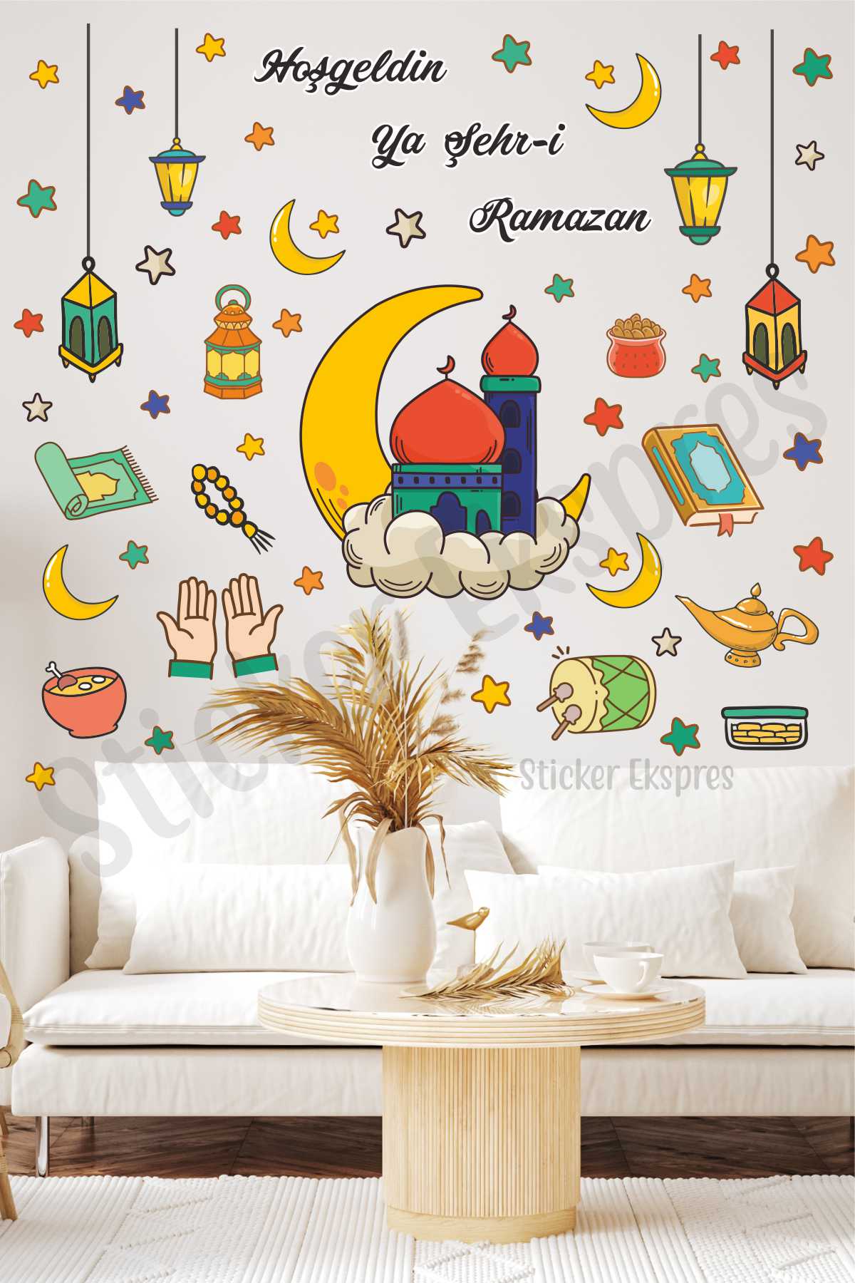 Cami Sarkıtlı Fenerler Ve Ramazan Figürleri Cam Duvar Kapı Sticker Seti