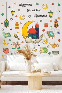 Cami Sarkıtlı Fenerler Ve Ramazan Figürleri Cam Duvar Kapı Sticker Seti