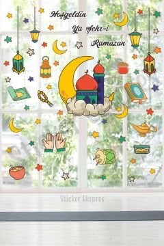 Cami Sarkıtlı Fenerler Ve Ramazan Figürleri Cam Duvar Kapı Sticker Seti
