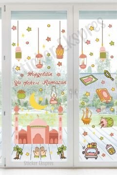 Ramazan Coşkusu Cami Ve Ramazan Figürleri Cam Duvar Kapı Sticker Seti