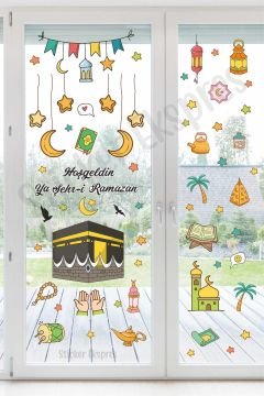 Kabe Cami Ve Renkli Ramazan Figürleri Cam Duvar Kapı Sticker Seti