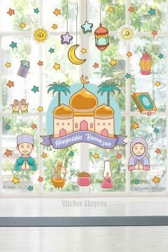 Cami Ve Renkli Ramazan Figürleri Cam Kapı Duvar Sticker Seti