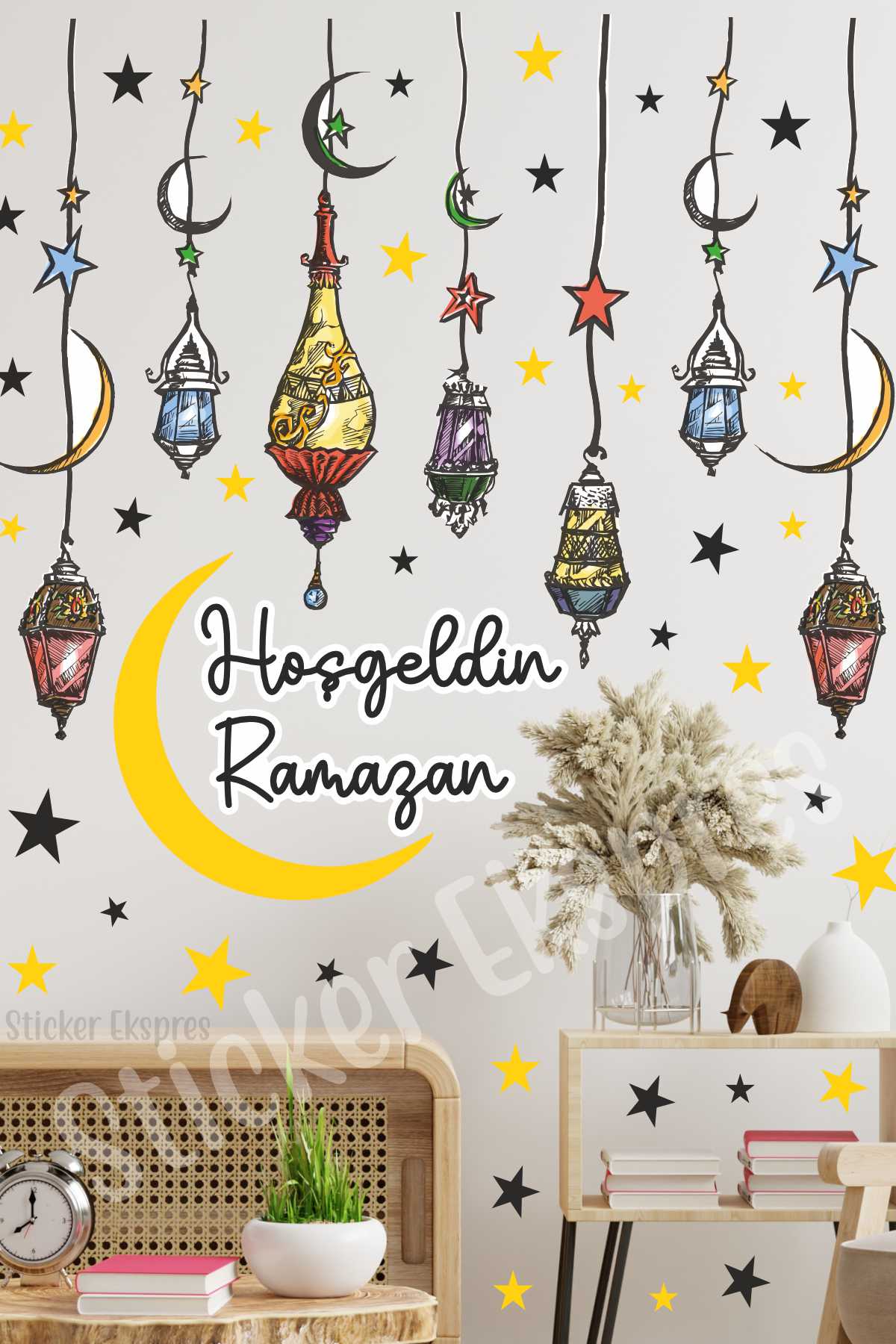 Ramazan Kandilleri Hoşgeldin Ramazan Cam Kapı Duvar Sticker Seti