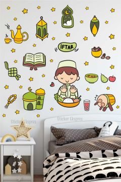 İftar Yapan Çocuk Ve Ramazan Figürleri Cam Kapı Duvar Sticker Seti
