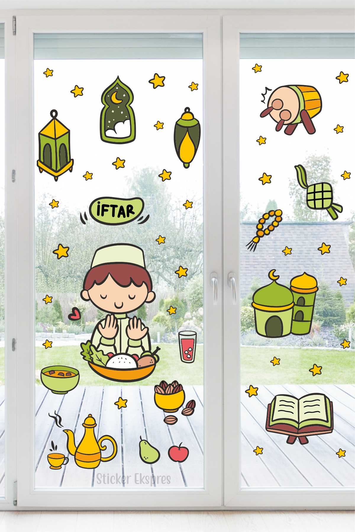 İftar Yapan Çocuk Ve Ramazan Figürleri Cam Kapı Duvar Sticker Seti