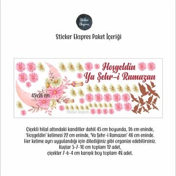 Hoşgeldin Ya Şehr-i Ramazan Çiçekli Hilal Ve Kuşlar Duvar Ve Cam Sticker Seti