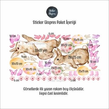 Sevimli Tavşanların Kelebeklerle Oyunu Çocuk Odası Duvar Sticker Seti
