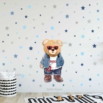 Gözlüklü Havalı Ayıcık Ve Yıldızlar Çocuk Odası Duvar Kapı Cam Sticker Seti