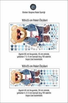 Gözlüklü Havalı Ayıcık Ve Yıldızlar Çocuk Odası Duvar Kapı Cam Sticker Seti