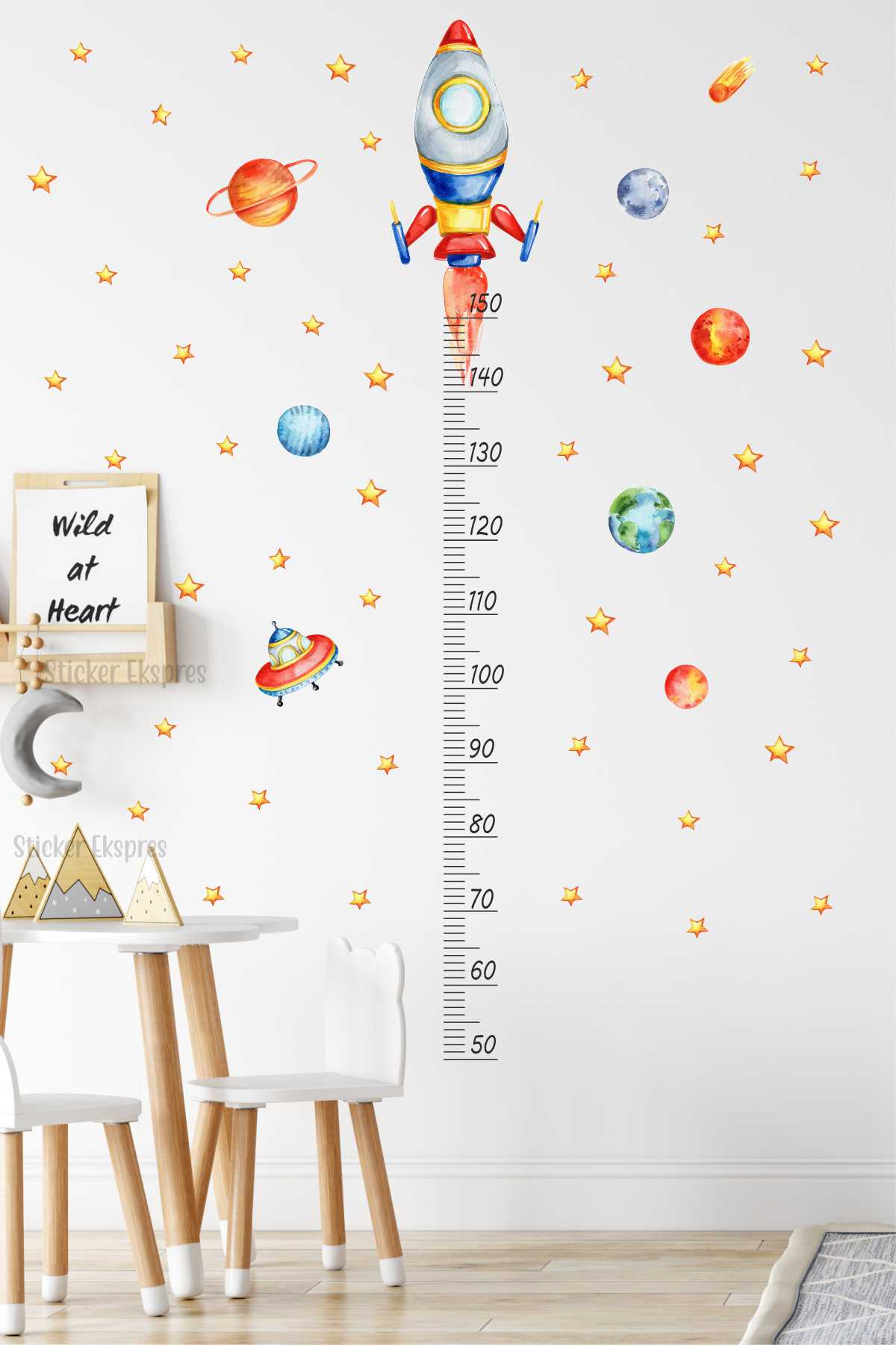 Roket Ve Uzay Temalı Boy Cetveli Boy Ölçer Çocuk Odası Duvar Sticker Seti