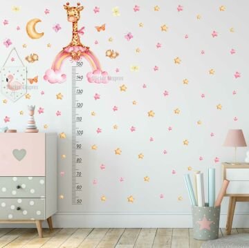 Gökkuşağında Zürafa Boy Cetveli Boy Ölçer Çocuk Odası Duvar Sticker Seti