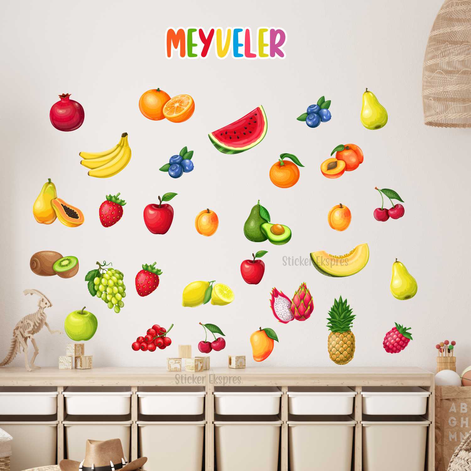 Meyveler Eğitici Anaokulu Çocuk Odası Kreş Duvar Kapı Cam Sticker Seti