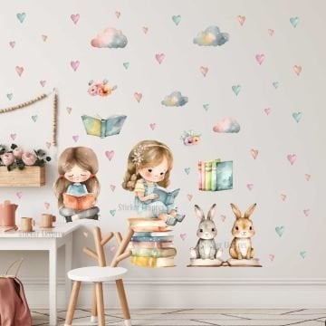 Kitap Okuyan Kızlar Çocuk Odası Duvar Sticker Seti
