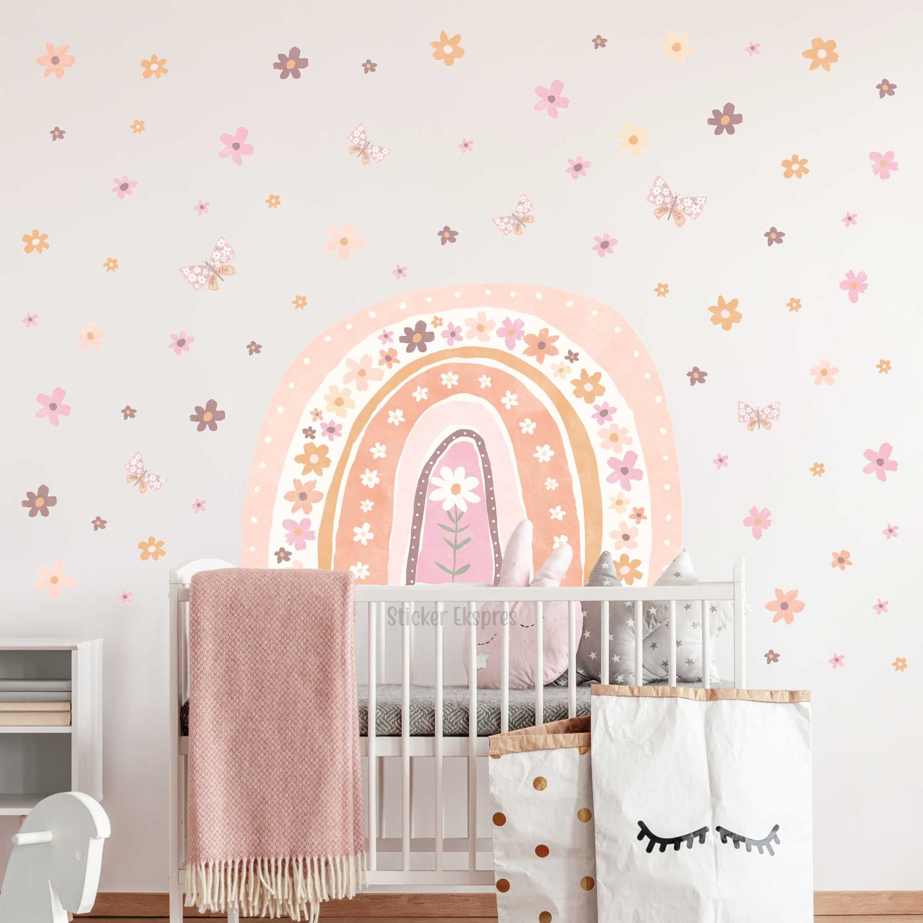 Çiçekli Pastel Gökkuşağı Çiçekler Ve Kelebekler Çocuk Odası Duvar Sticker Seti