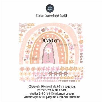 Çiçekli Pastel Gökkuşağı Çiçekler Ve Kelebekler Çocuk Odası Duvar Sticker Seti