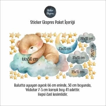 Uyuyan Sevimli Erkek Ayıcık Çocuk Odası Duvar Sticker Seti