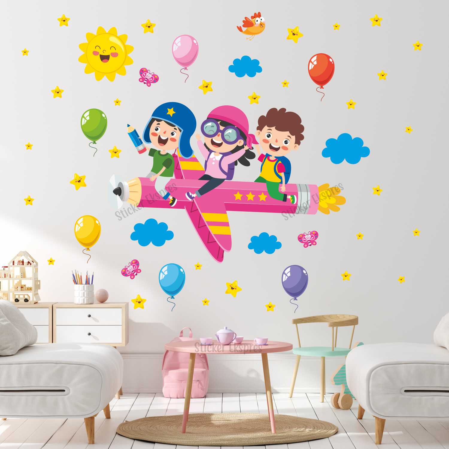 Kalemde Uçan Çocuklar Anaokulu Okul Çocuk Odası Kreş Duvar Kapı Cam Sticker Seti