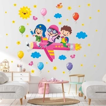 Kalemde Uçan Çocuklar Anaokulu Okul Çocuk Odası Kreş Duvar Kapı Cam Sticker Seti