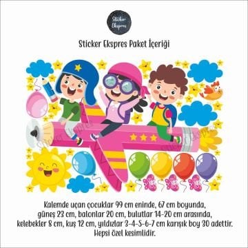 Kalemde Uçan Çocuklar Anaokulu Okul Çocuk Odası Kreş Duvar Kapı Cam Sticker Seti