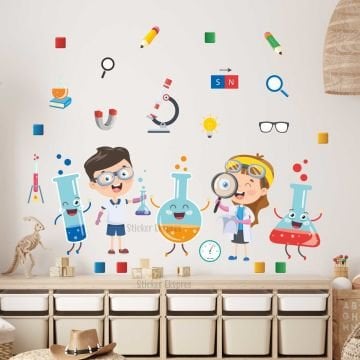Sevimli Deney Tüpleri Ve Çocuklar Anaokulu Okul Çocuk Odası Kreş Duvar Kapı Cam Sticker Seti