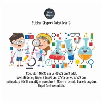Sevimli Deney Tüpleri Ve Çocuklar Anaokulu Okul Çocuk Odası Kreş Duvar Kapı Cam Sticker Seti