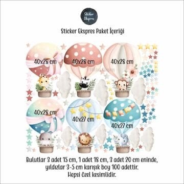 Sevimli Hayvanların Renkli Balon Yolculuğu Çocuk Odası Duvar Sticker Seti