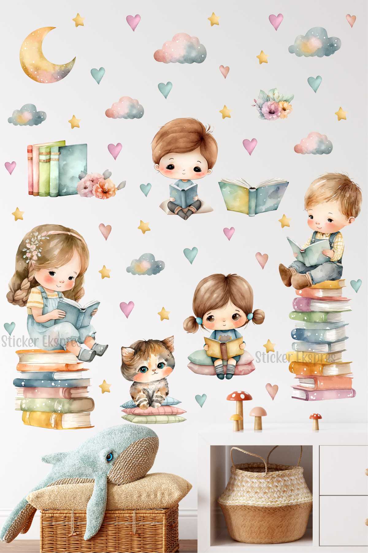 Kitap Okuyan Çocuklar Duvar Sticker Seti