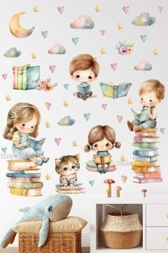 Kitap Okuyan Çocuklar Duvar Sticker Seti