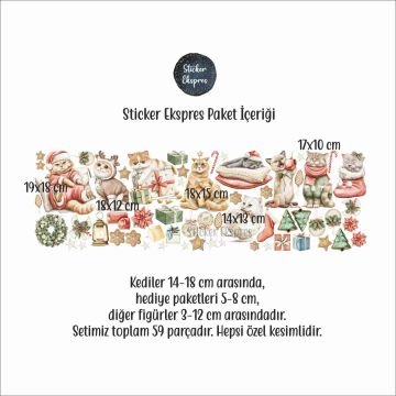 Şirin Yılbaşı Kedileri Yeni Yıl Cam Kapı Duvar Sticker Seti