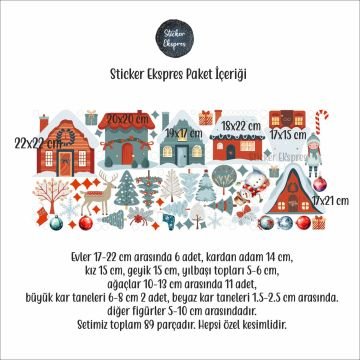 Karlı Yılbaşı Evleri Ve Ağaçlar Yeni Yıl Cam Kapı Duvar Sticker Seti