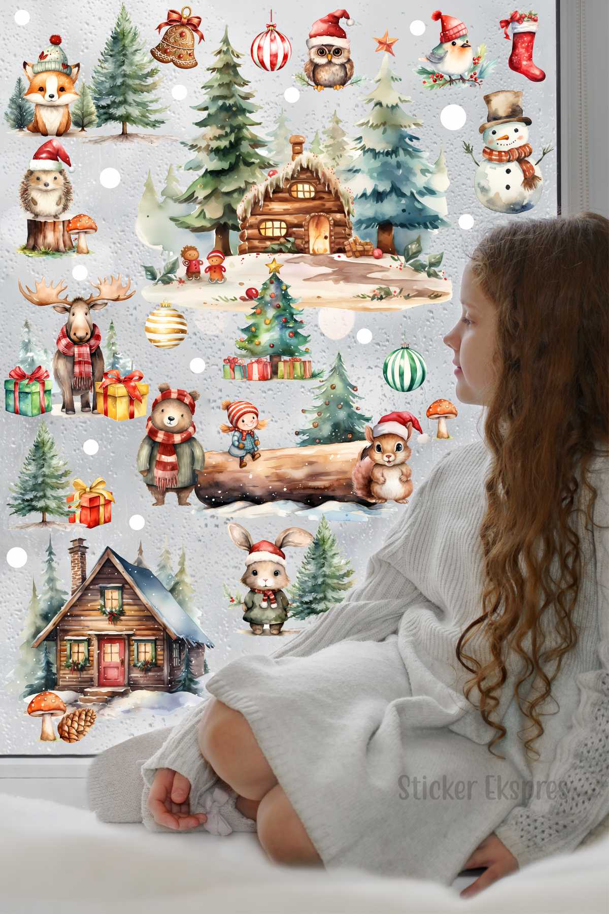 Ormanda Yılbaşı Temalı Set Yeni Yıl Cam Kapı Duvar Sticker Seti