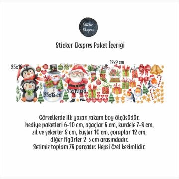 Kış Figürleri Kardan Adam Ve Süsler Yılbaşı Yeni Yıl Cam Kapı Duvar Sticker Seti
