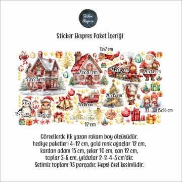 Kırmızı Gold Yılbaşı Yeni Yıl Cam Kapı Duvar Sticker Seti