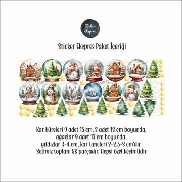 Masalsı Kar Küreleri Ve Sevimli Ağaçlar Yılbaşı Yeni Yıl Cam Kapı Duvar Sticker Seti