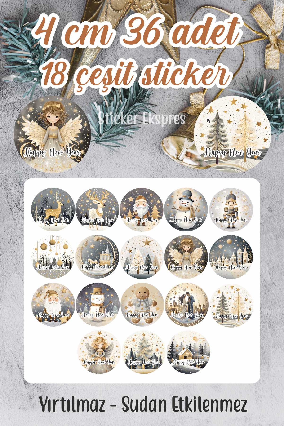Mutlu Yıllar Happy New Year Sticker 4 Cm 36 Adet MY-2 Suya Dayanıklı Yeni Yıl Yılbaşı Etiketi