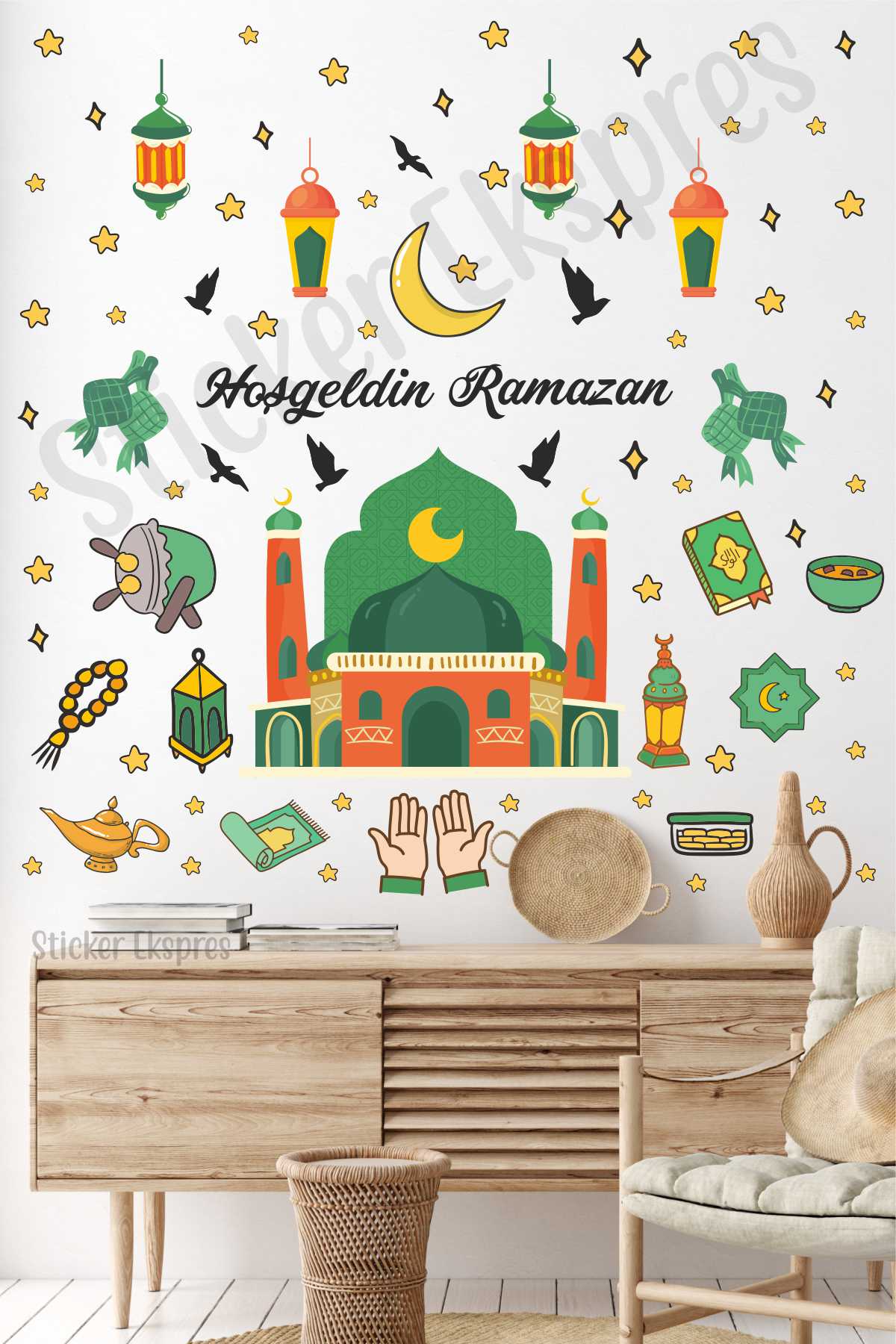 Hoşgeldin Ramazan Renkli Ramazan Figürleri Cam Duvar Kapı Sticker Seti