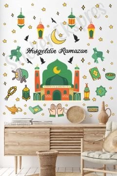 Hoşgeldin Ramazan Renkli Ramazan Figürleri Cam Duvar Kapı Sticker Seti