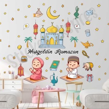 Namaz Kılan Çocuklar Hoşgeldin Ramazan Set Cam Duvar Kapı Sticker Seti