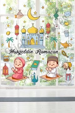 Namaz Kılan Çocuklar Hoşgeldin Ramazan Set Cam Duvar Kapı Sticker Seti