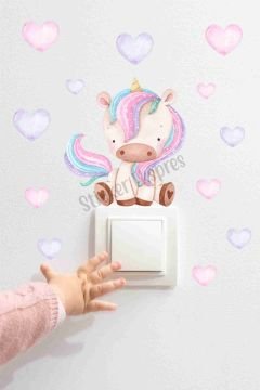 Sevimli Unicorn Ve Kalpler U1 Priz Üstü Sticker